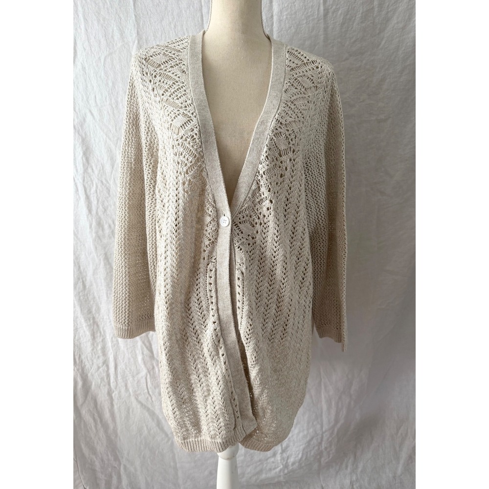 VTG Norm Thompson Cardigan Women Oatmeal Pointelle Open Knit Cotton XL